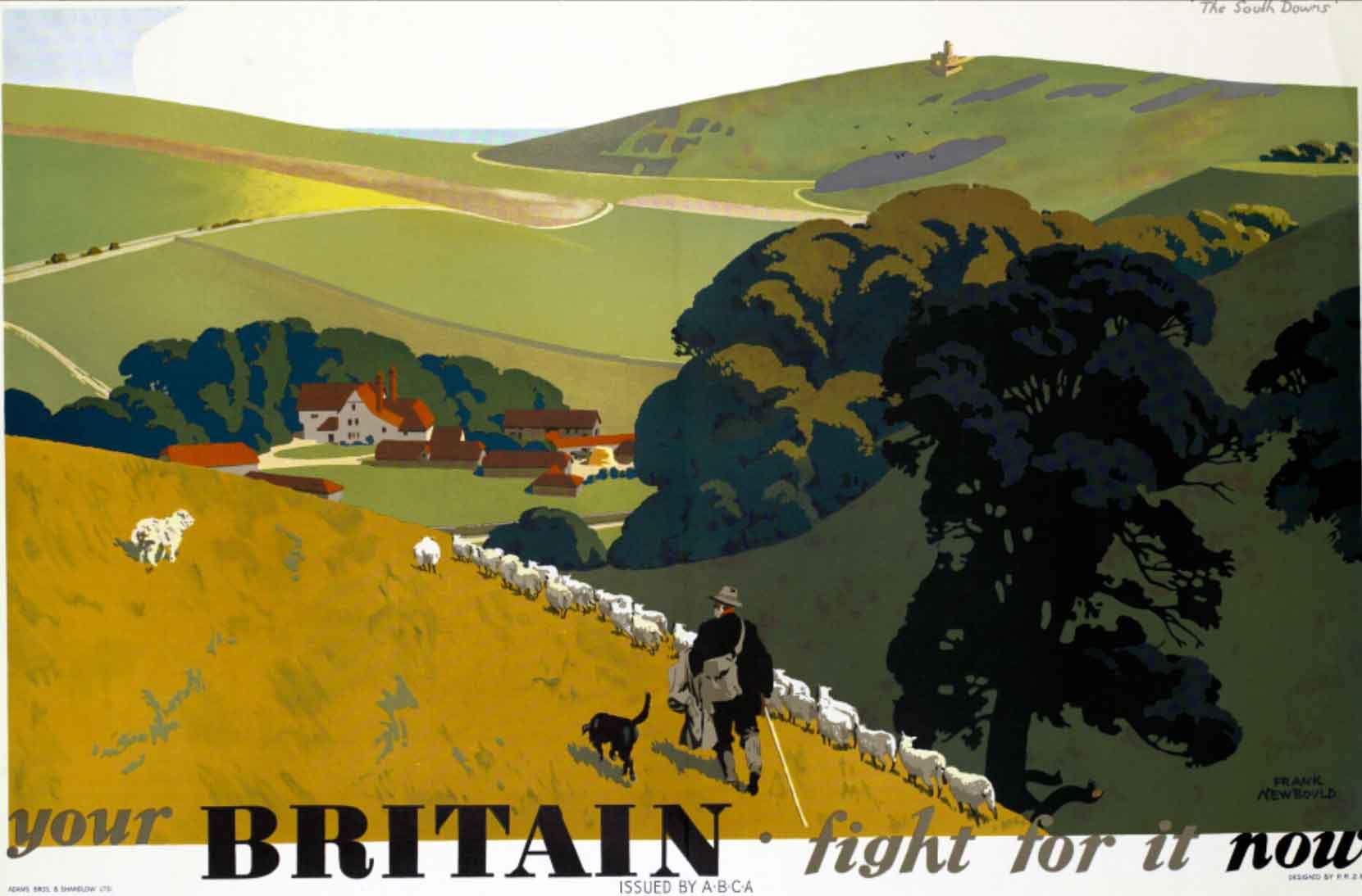 From the famous series of four posters by Newbould. An example of how an inter-war travel poster style was used unchanged during the war to arouse patriotic feelings for an idealised pastoral Britain, defined by the landscape of southern England. Newbould was a noted designer of travel posters. In 1942 he joined the War Office as an assistant designer to Abram Games.